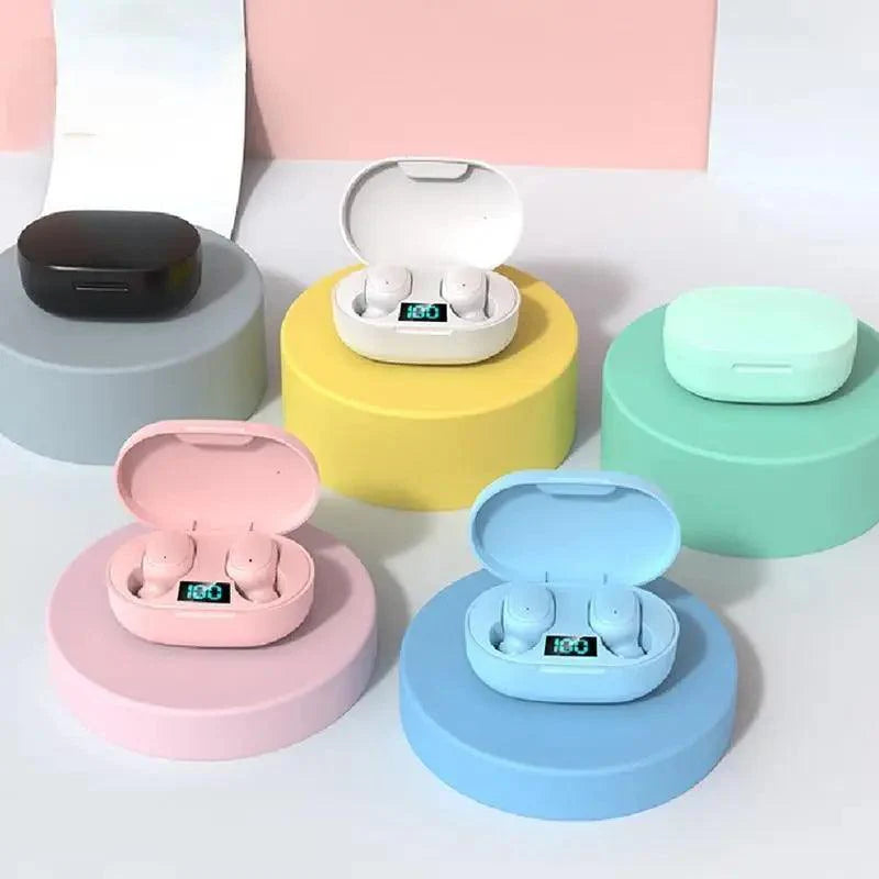 Wireless Bluetooth 5.0 earbuds in various colors with LED display charging case