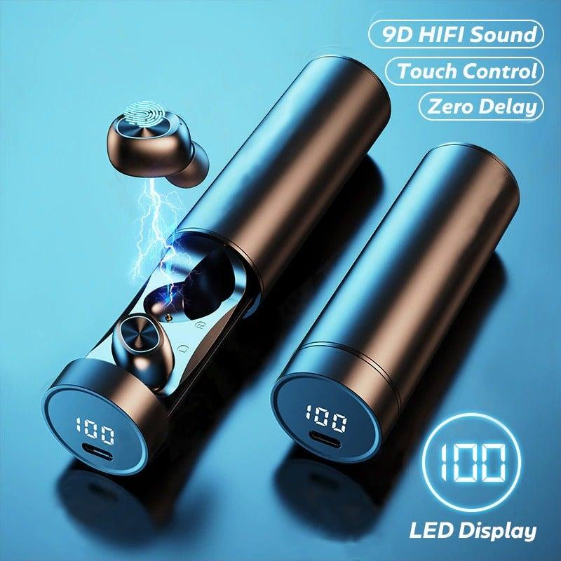 Minimalist matte black wireless earbuds in charging case with LED battery indicator.