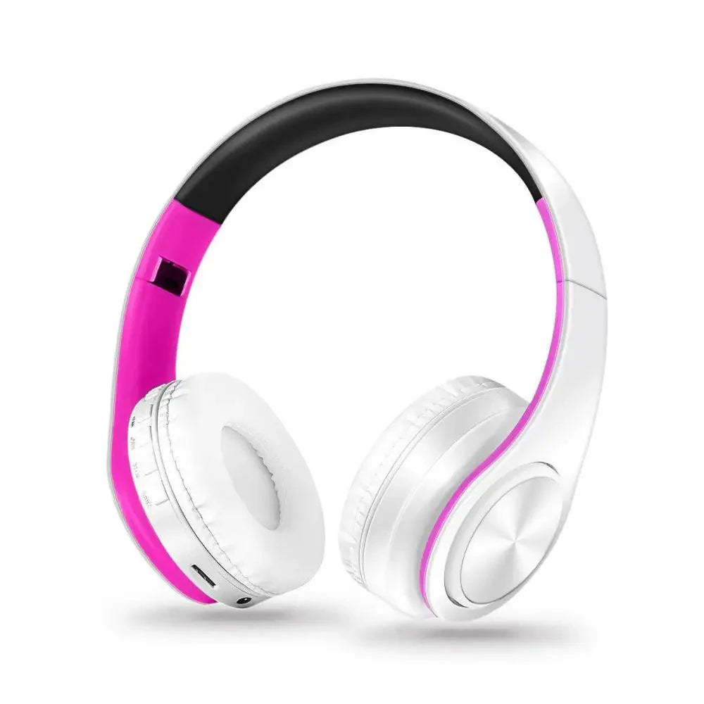 Foldable wireless Bluetooth headphones with high-res audio in white and multi-color.