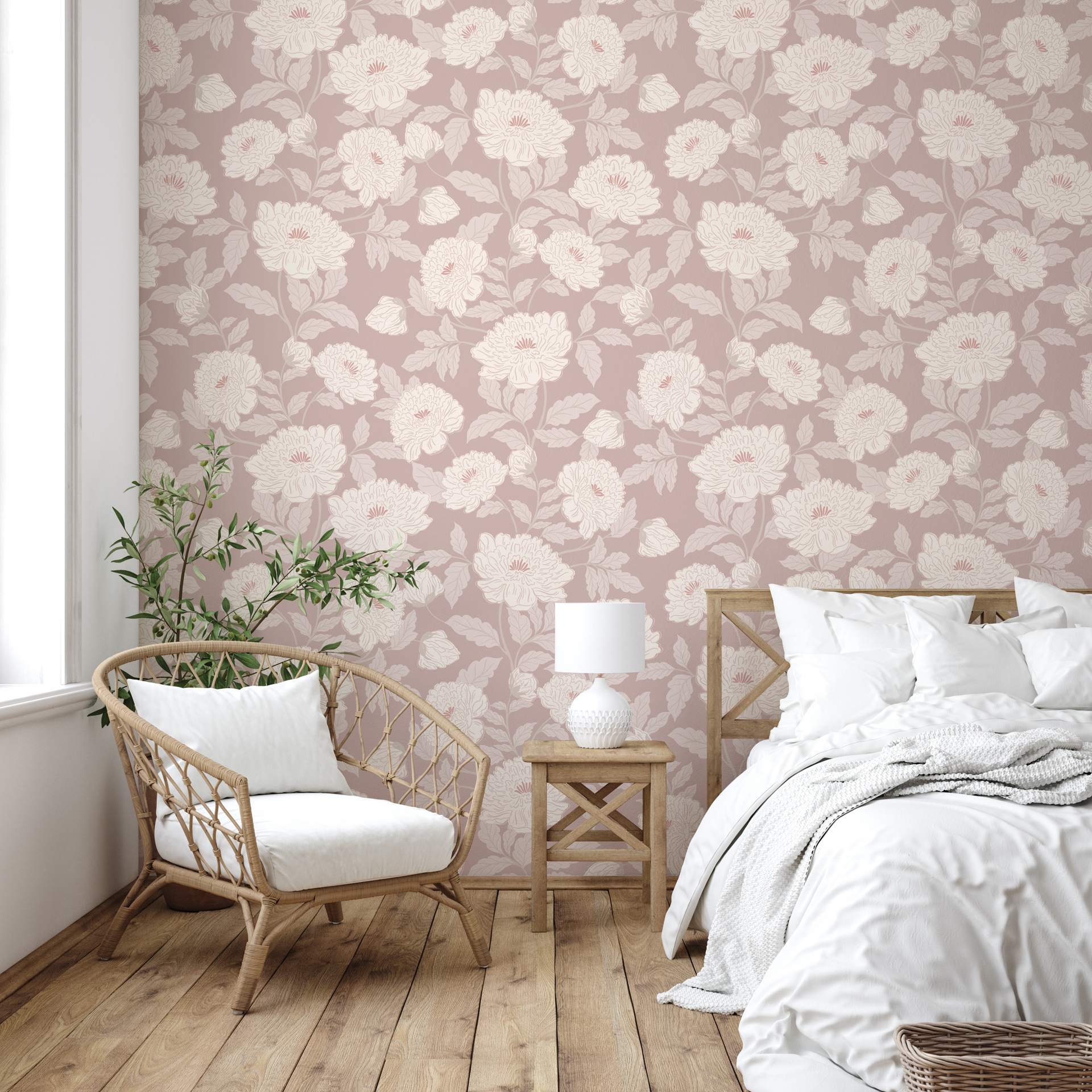 Riley Floral Removable Wallpaper in Cream and Muted Sage Green