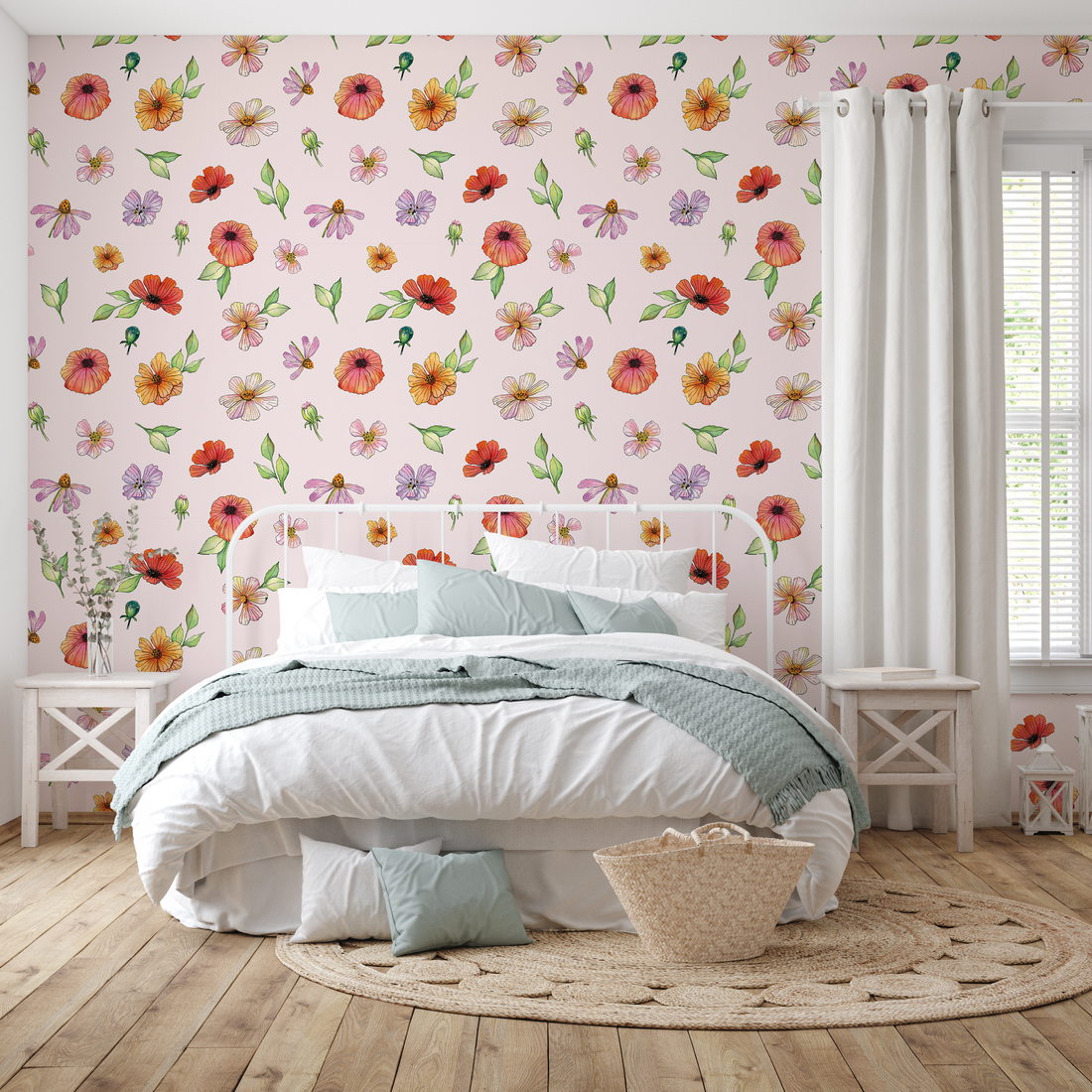 Amy Bohemian Floral Wallpaper featuring vibrant pink, orange, red, yellow, and green flower illustrations