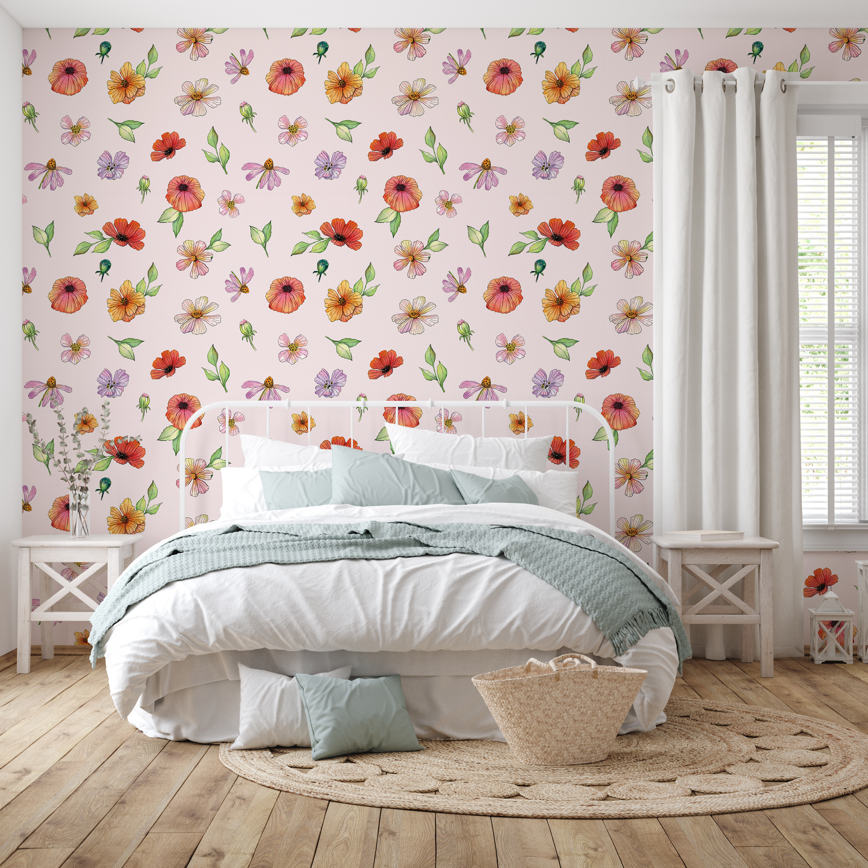 Amy Bohemian Floral Wallpaper featuring vibrant pink, orange, red, yellow, and green flower illustrations