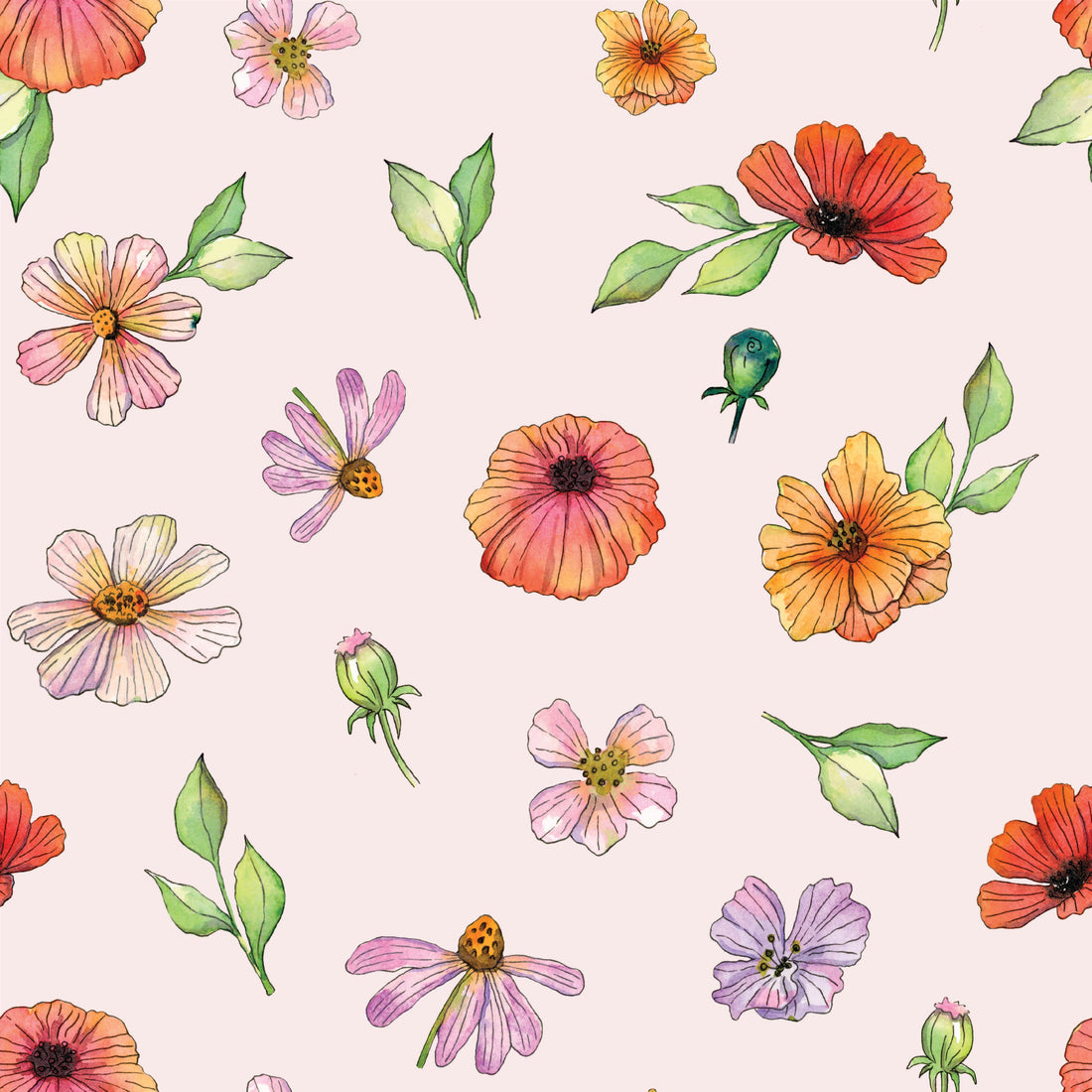 Amy Bohemian Floral Removable Wallpaper - Pink Orange and Yellow