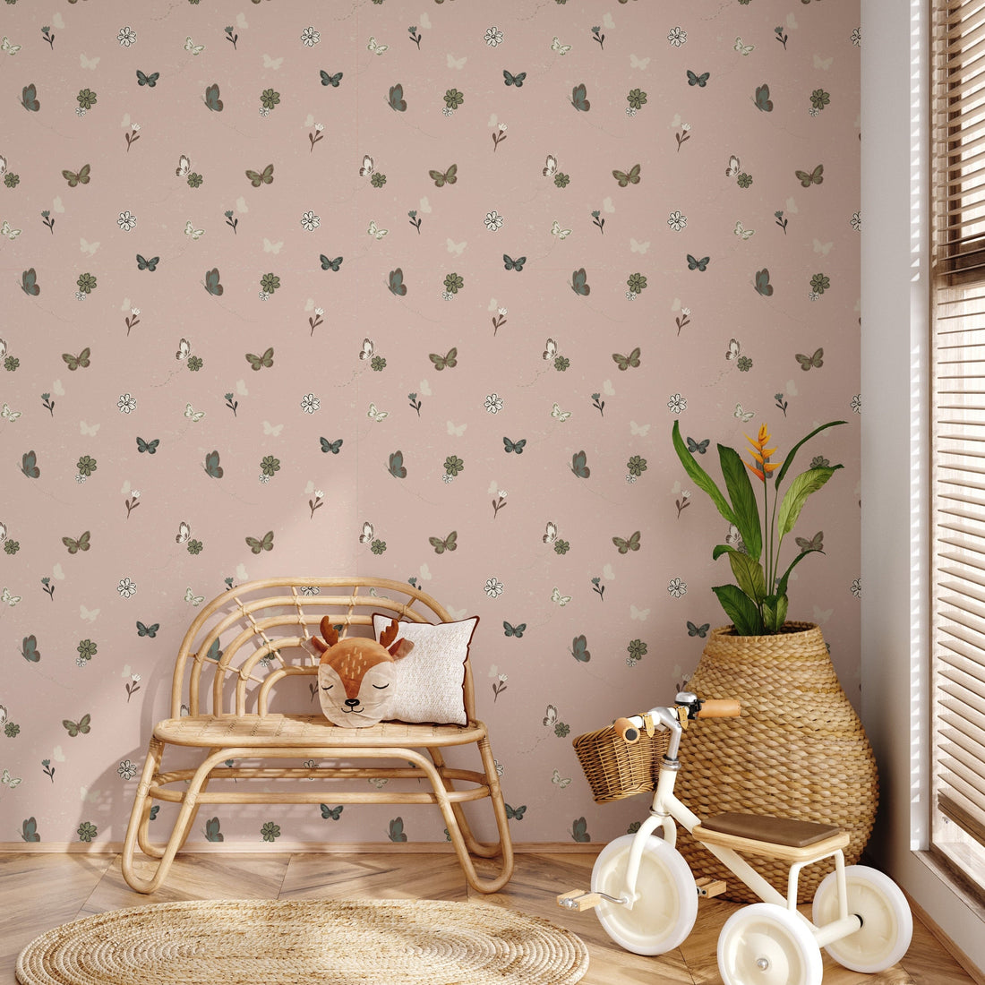 Marlo floral wallpaper with pink and sage-green details on an off-white background