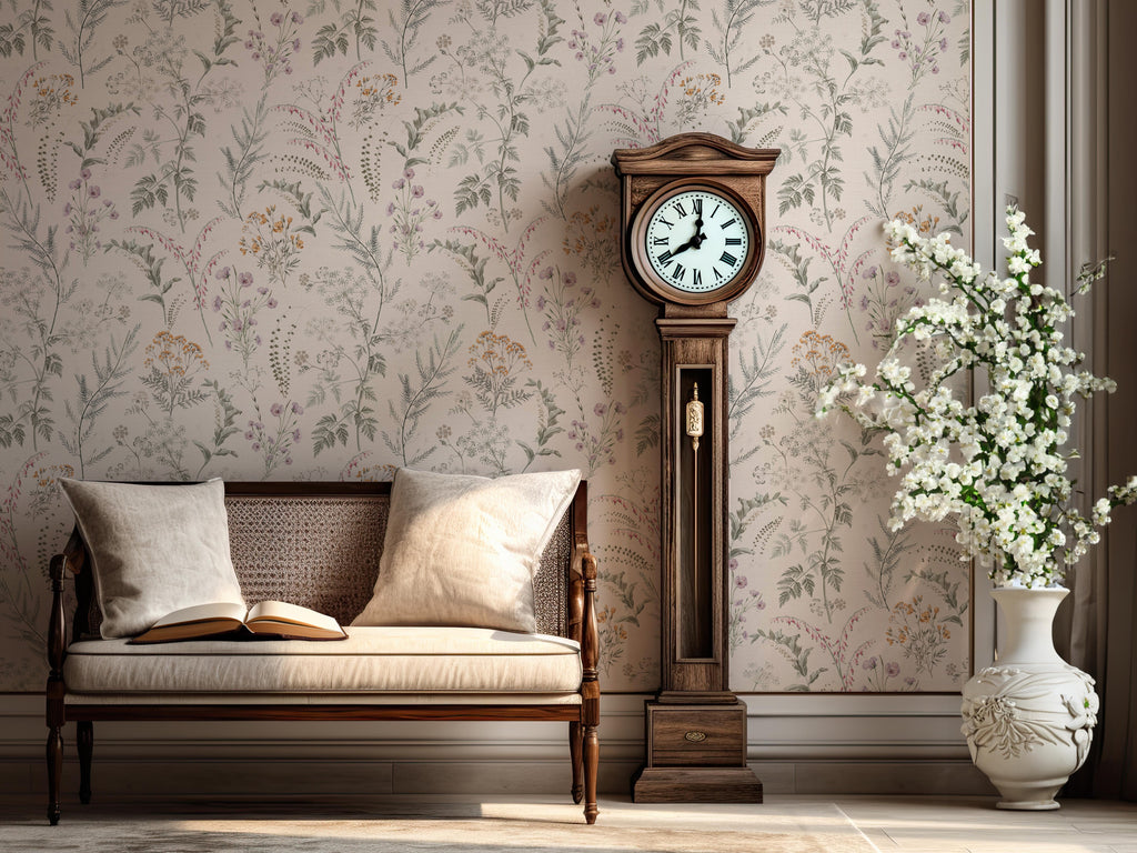 Winsome Floral Removable Wallpaper in Taupe, Sage-Green, White
