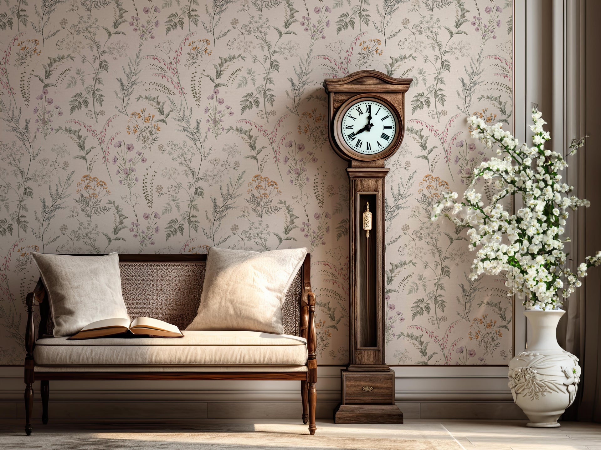 Winsome Floral Removable Wallpaper in Taupe, Sage-Green, White