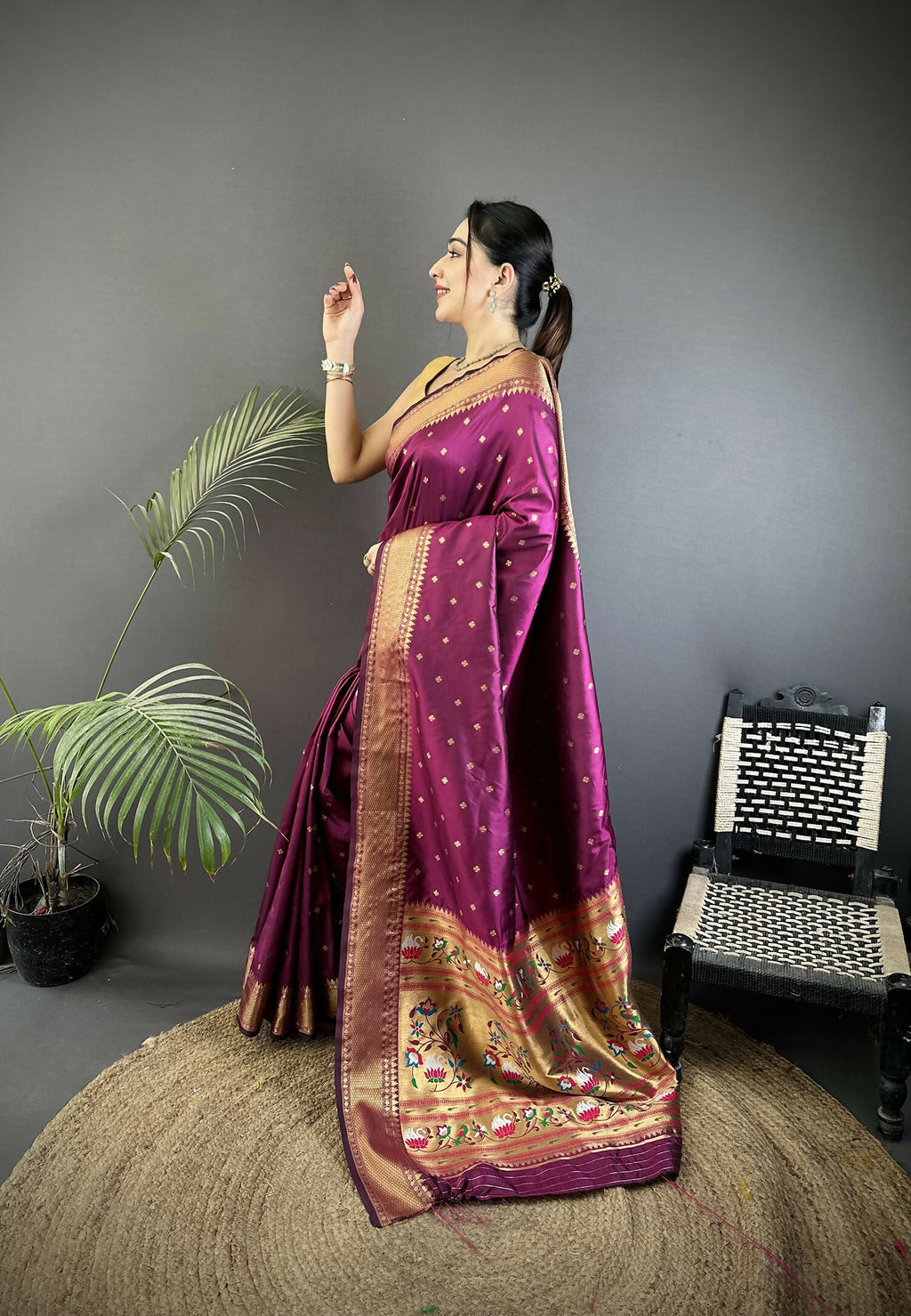 Wine Butti Woven Soft Lichi Silk Paithani Saree with Blouse