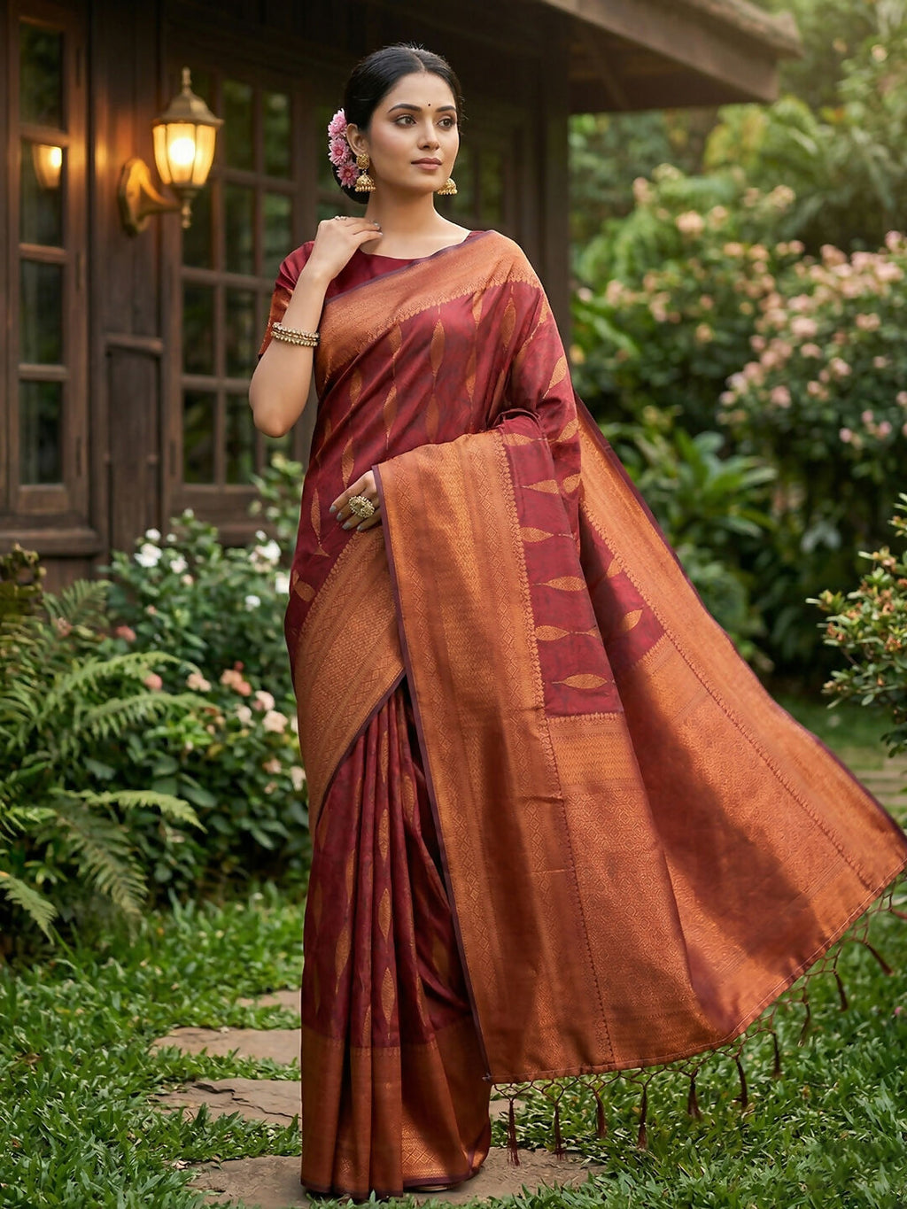 Maroon Silk Blend Saree with Matching Blouse Fabric