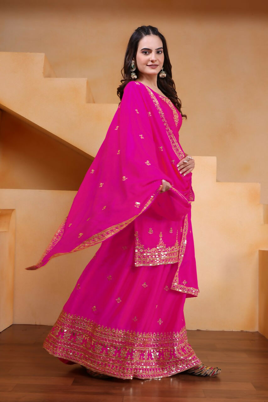 Pink Silk Embroidered Sharara Set for Festive Occasions