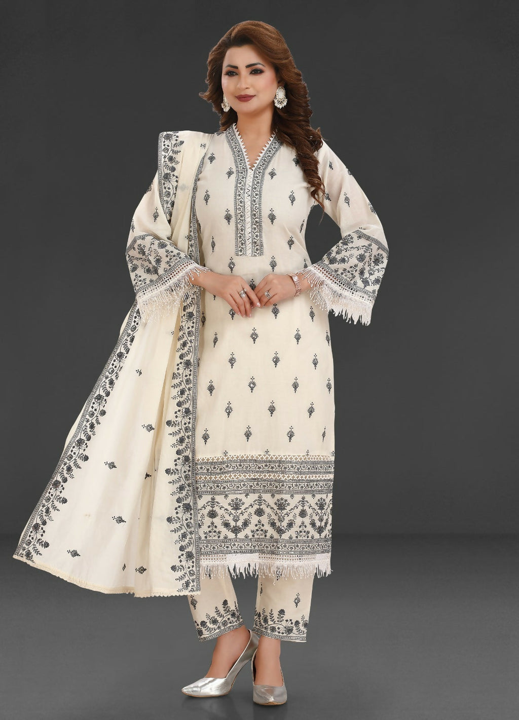 Beige 3-piece cotton kurta set with matching dupatta for women