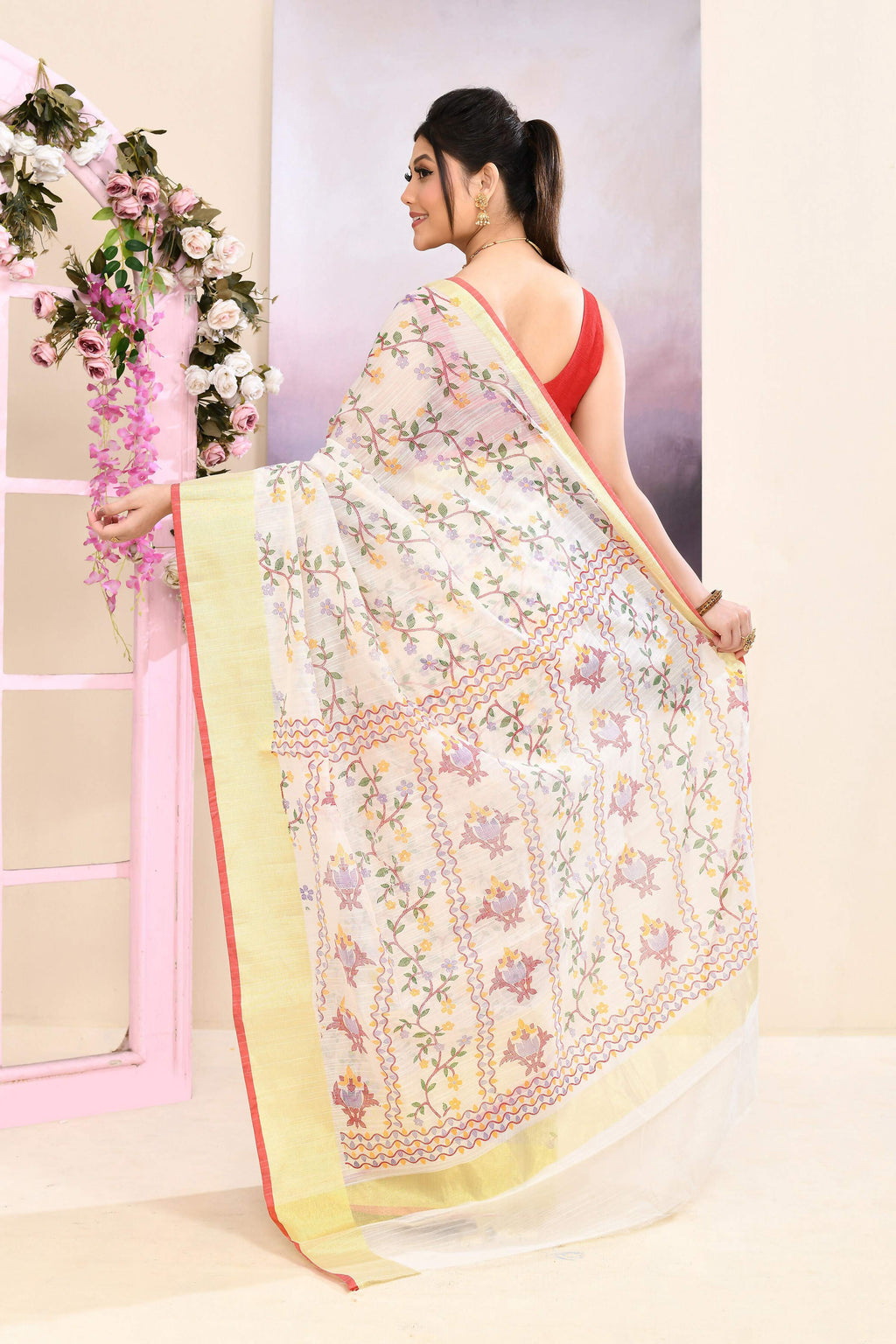 Women's White Printed Cotton Blend Saree with Embellishments