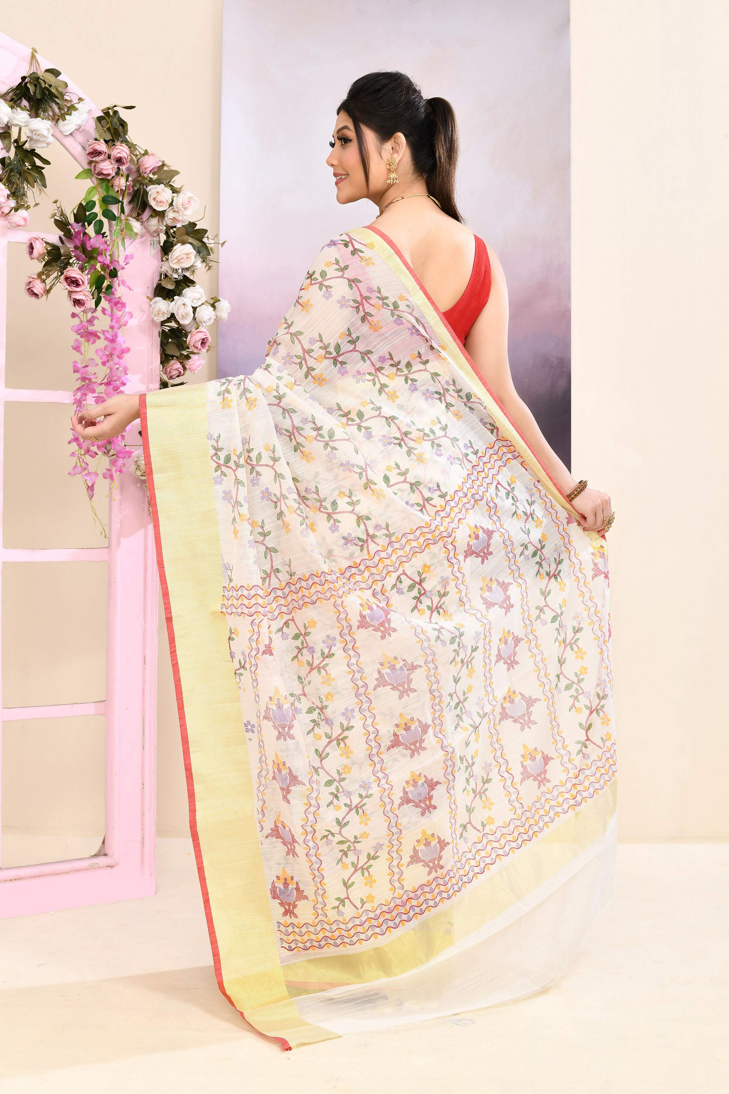 Women's White Printed Cotton Blend Saree with Embellishments