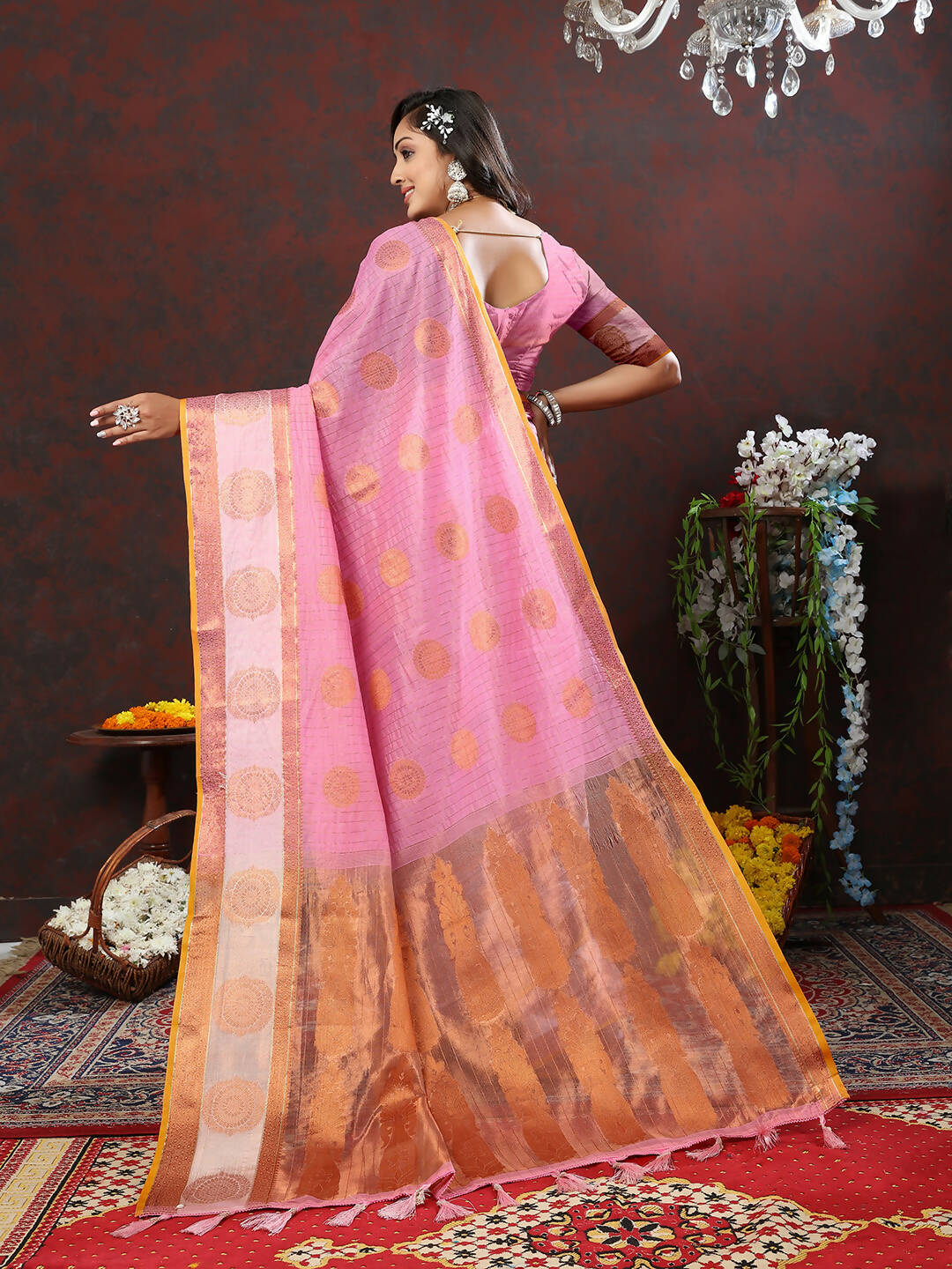Pink Cotton Saree with Traditional Woven Zari Design