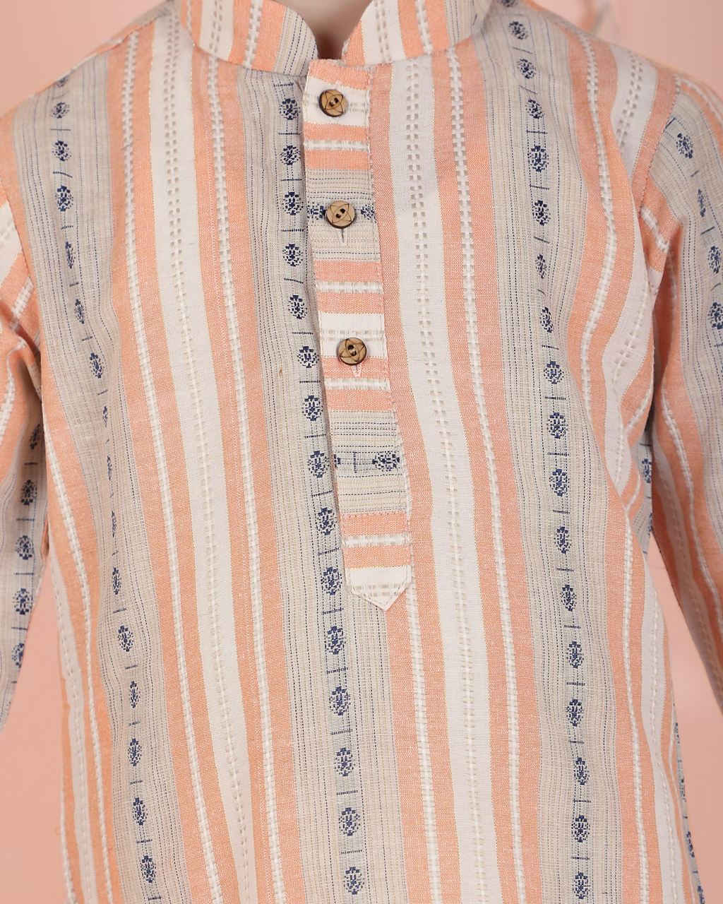 Kids Orange Striped Cotton Kurta and Pyjama Set - Full Sleeves
