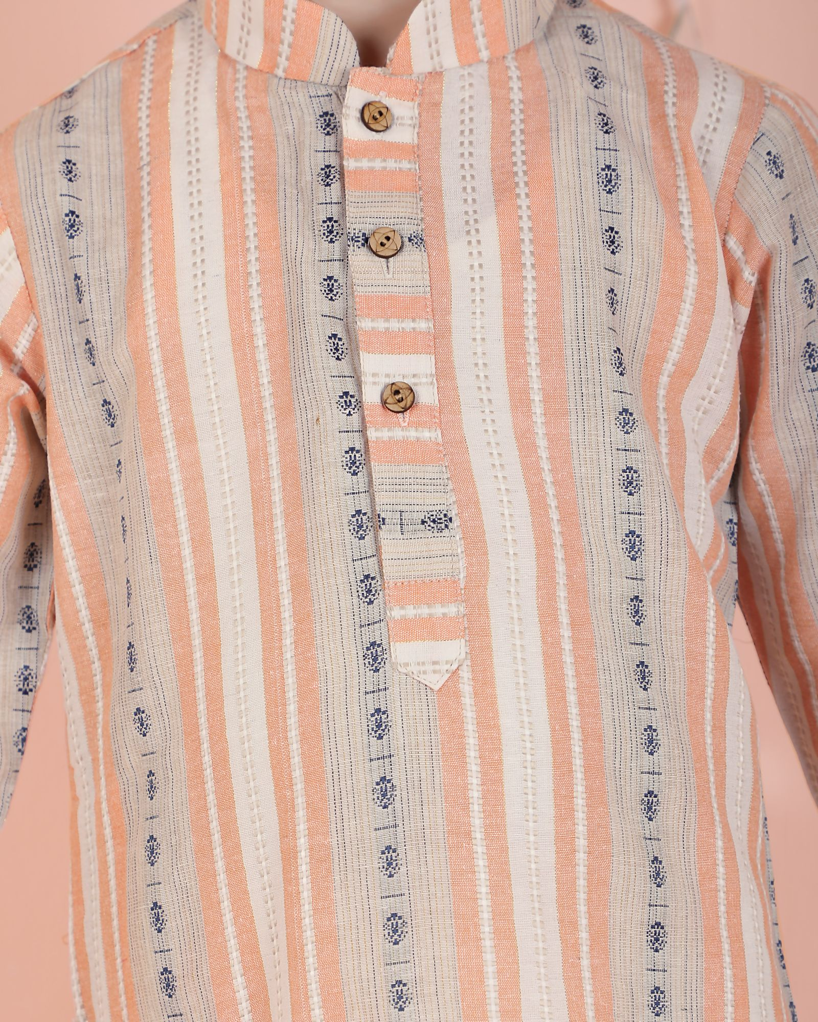 Kids Orange Striped Cotton Kurta and Pyjama Set - Full Sleeves