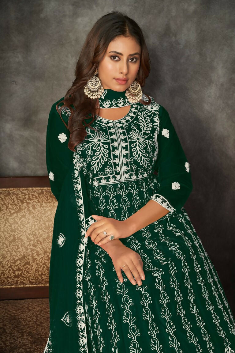 Green Net Embroidered Anarkali Kurta Pant Set with Dupatta
