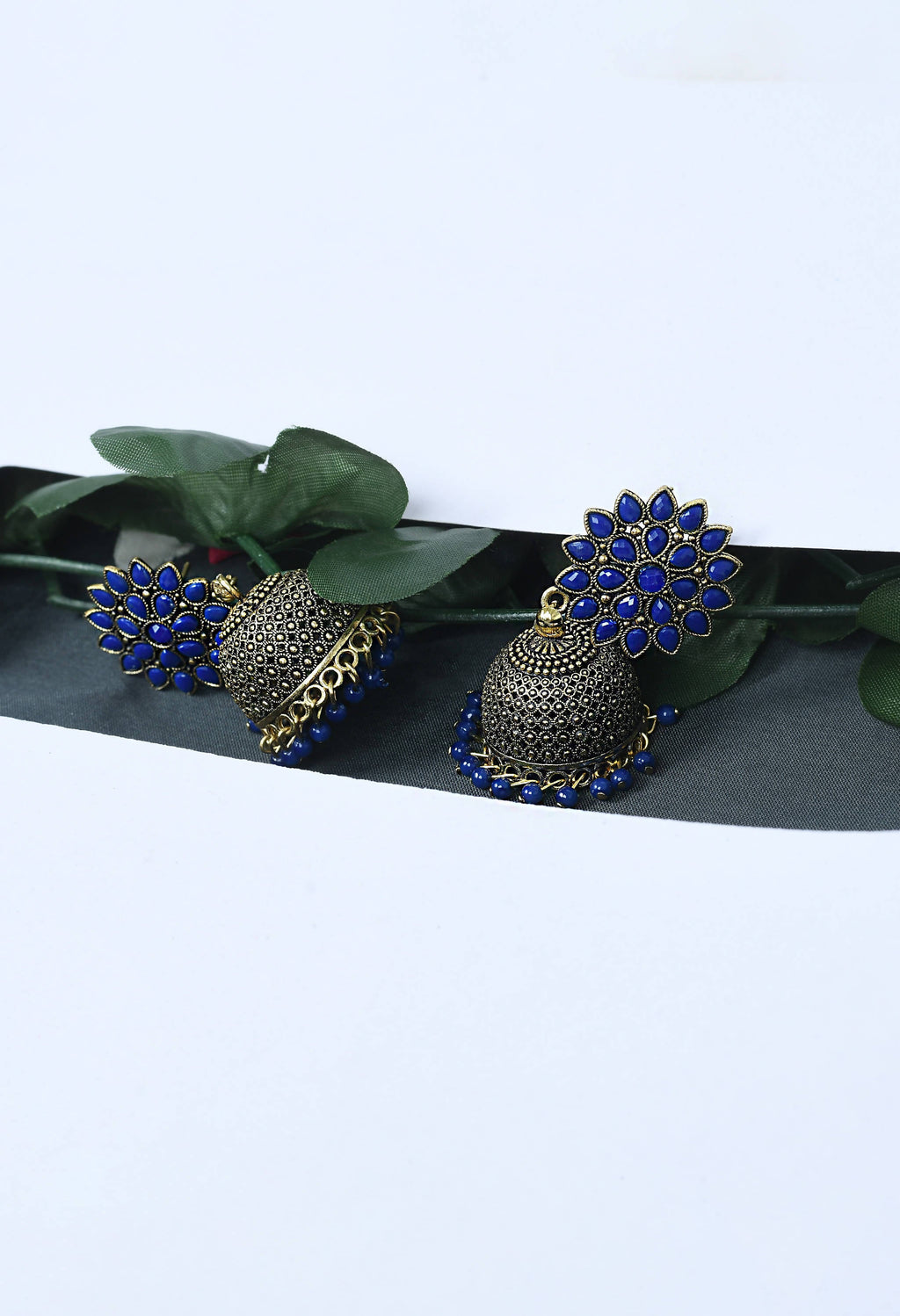 Elegant Kundan Jhumka Earrings with Sophisticated Blue Beads