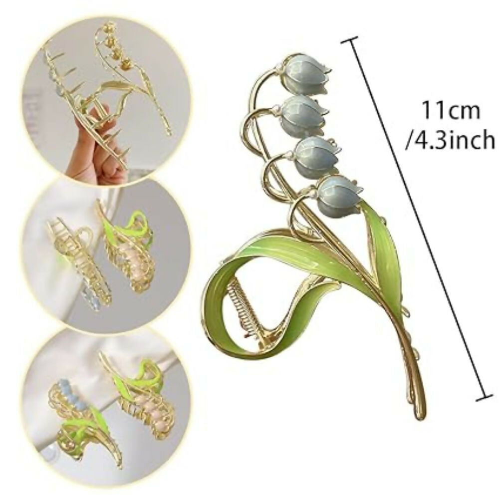 Green Metal Queen Art Flower Hair Clutcher 4.3 Inch Accessory