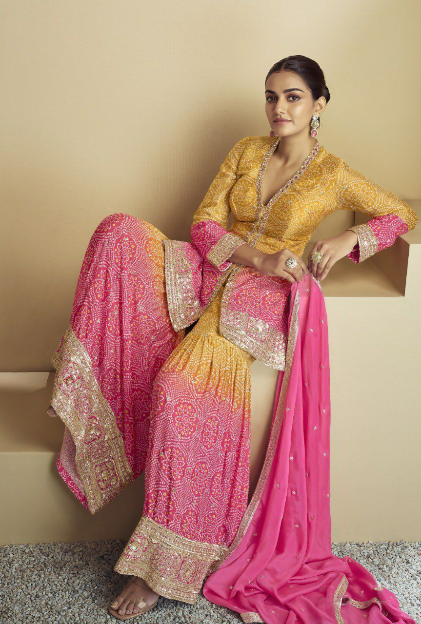Yellow and Pink Chinon Embroidery Sequins Work Salwar Kameez