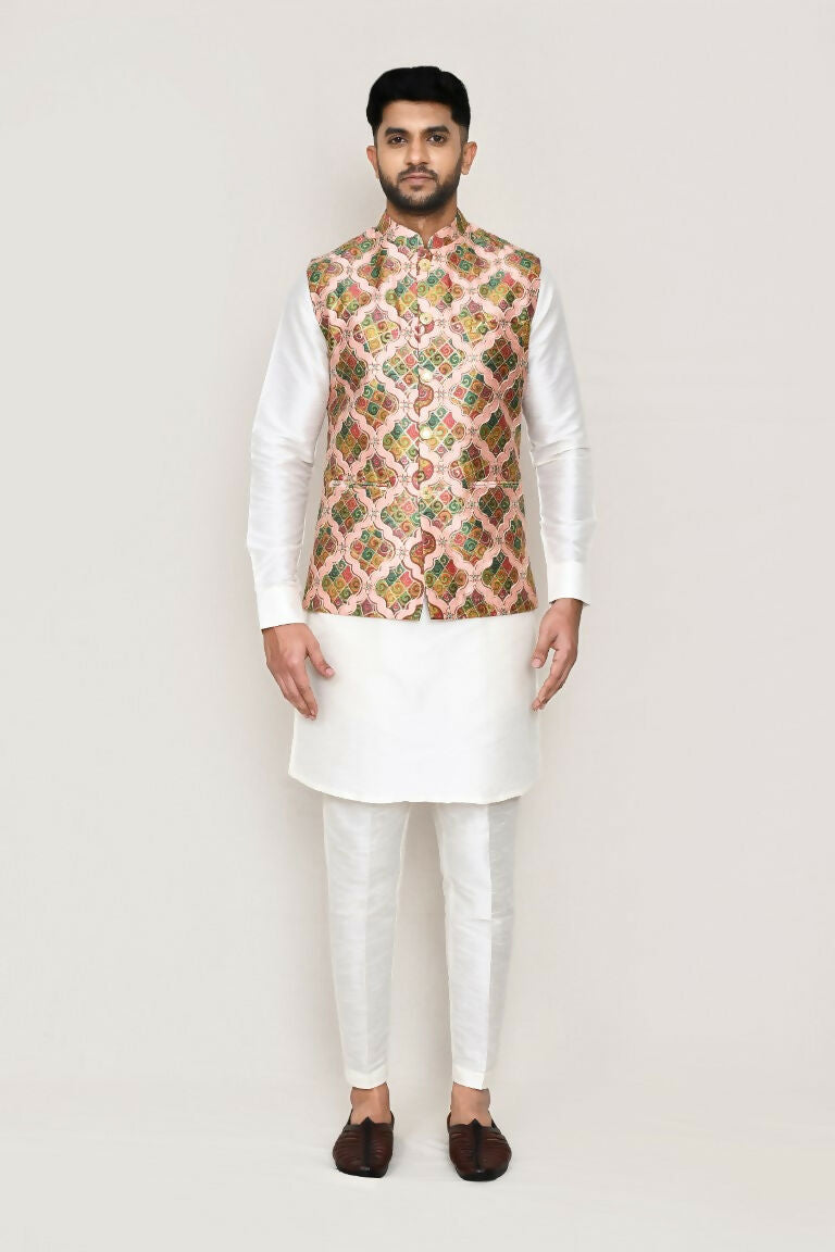 White Art Silk Kurta Set with Designer Jacket and Straight Pants