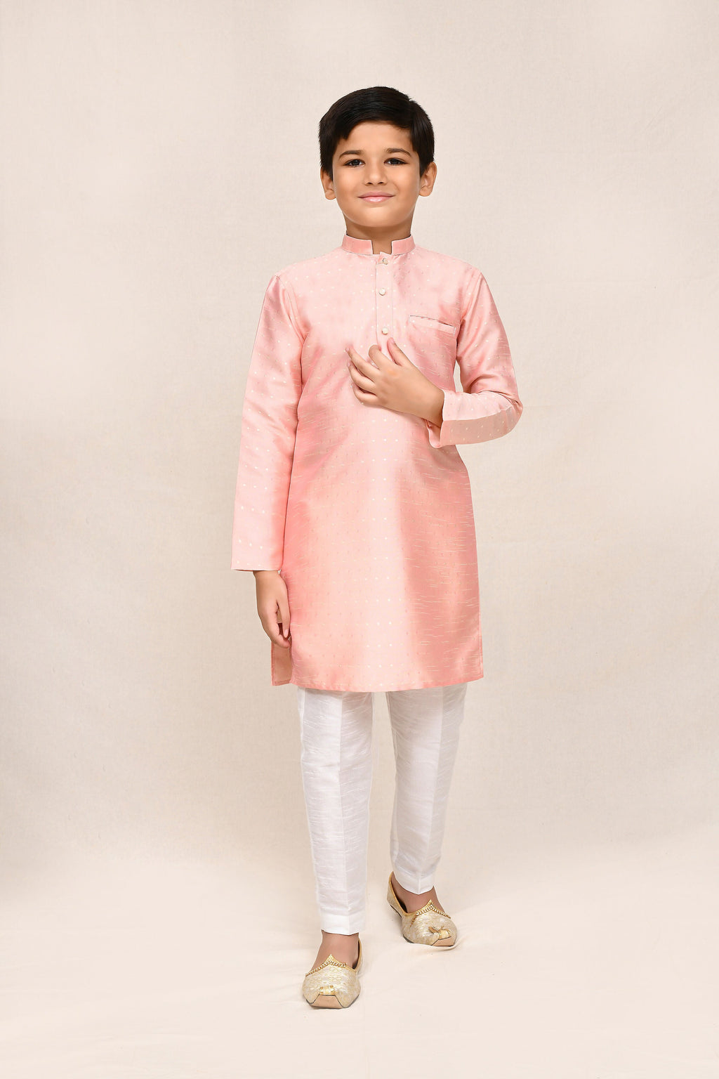 Peach Silk Kurta with White Straight Fit Pants and Shikhli Work