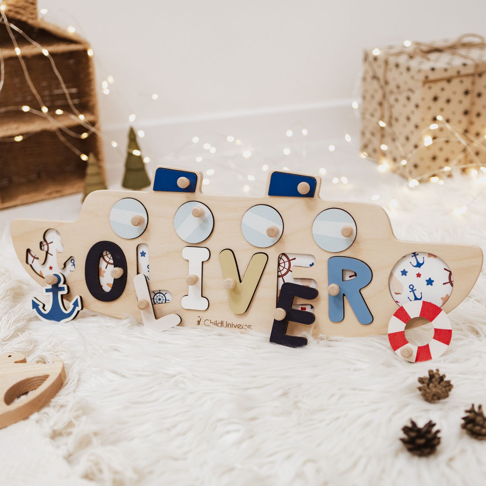 Personalized wooden boat-themed name puzzle for toddlers and children