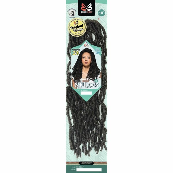 A close-up of 18-inch Nu Locs 2X crochet hair extensions showing texture and length.