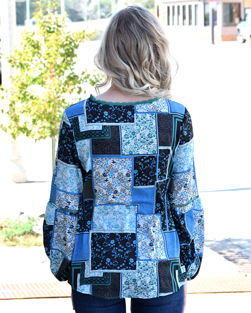Bohemian Floral Print Patchwork Top in Polyester Blend