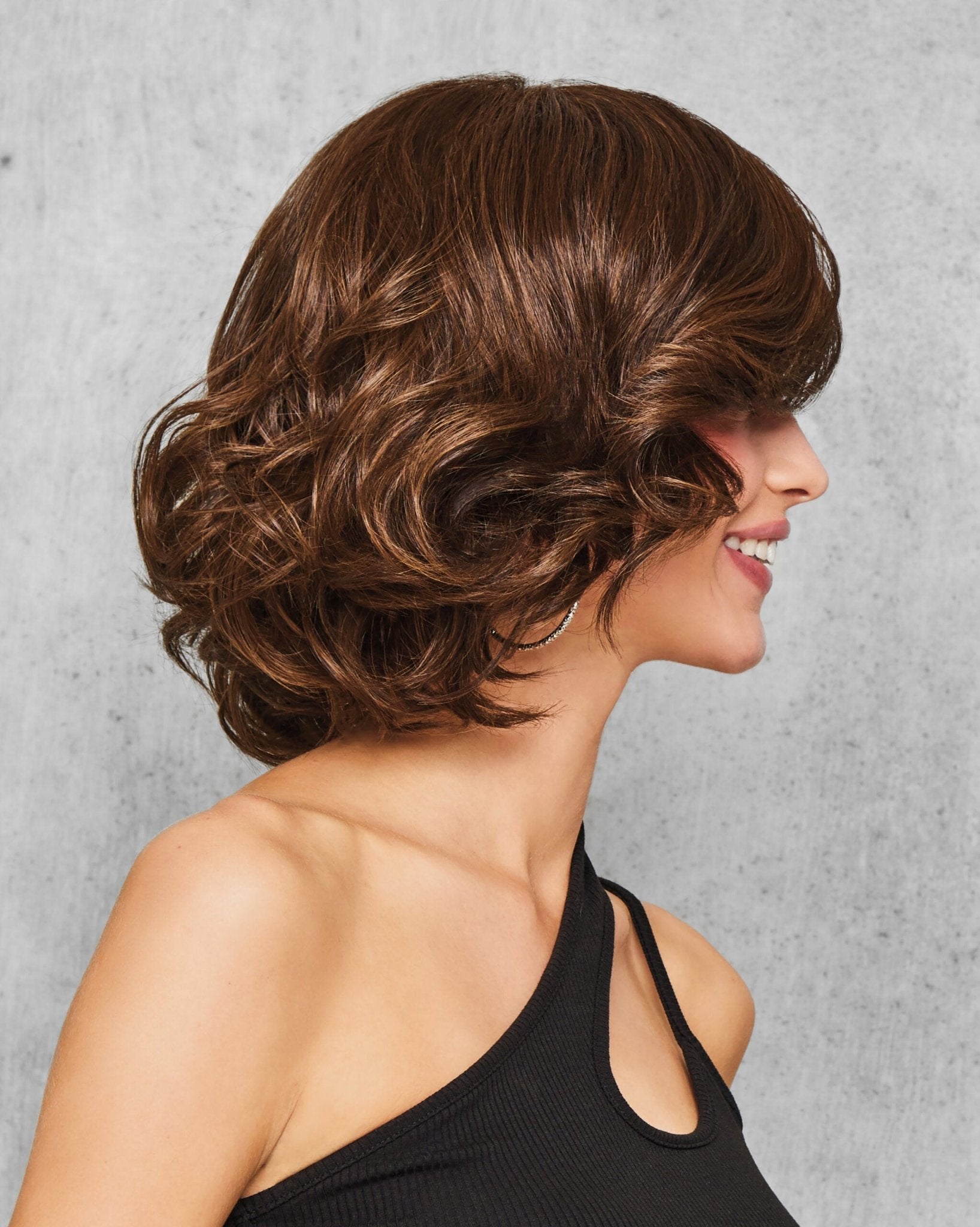 Bombshell Bob Wig with Eyelash Bangs - Chestnut Brown Tousled Cut