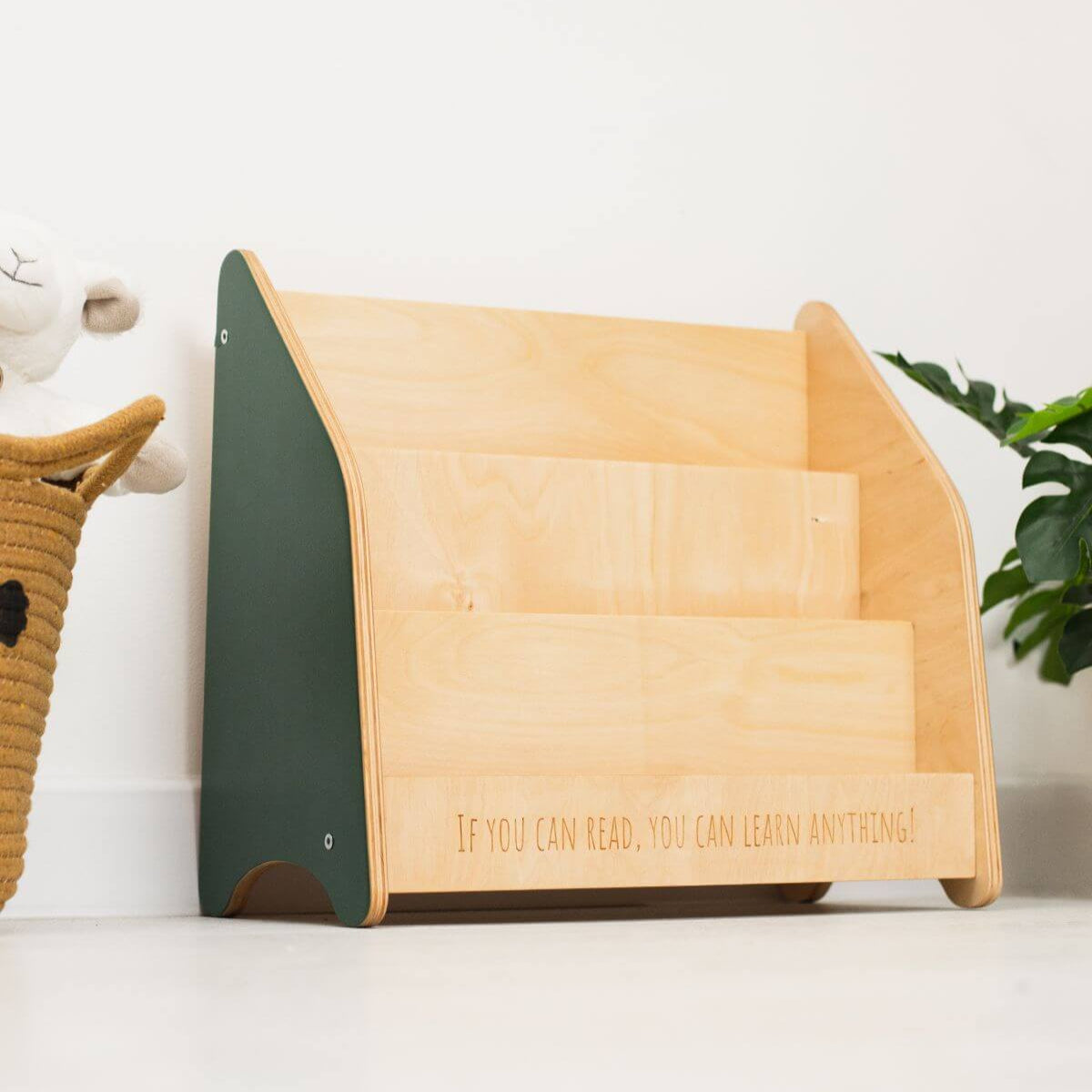 Minimalist Montessori Bookshelf for Toddlers in Natural Wood & Green