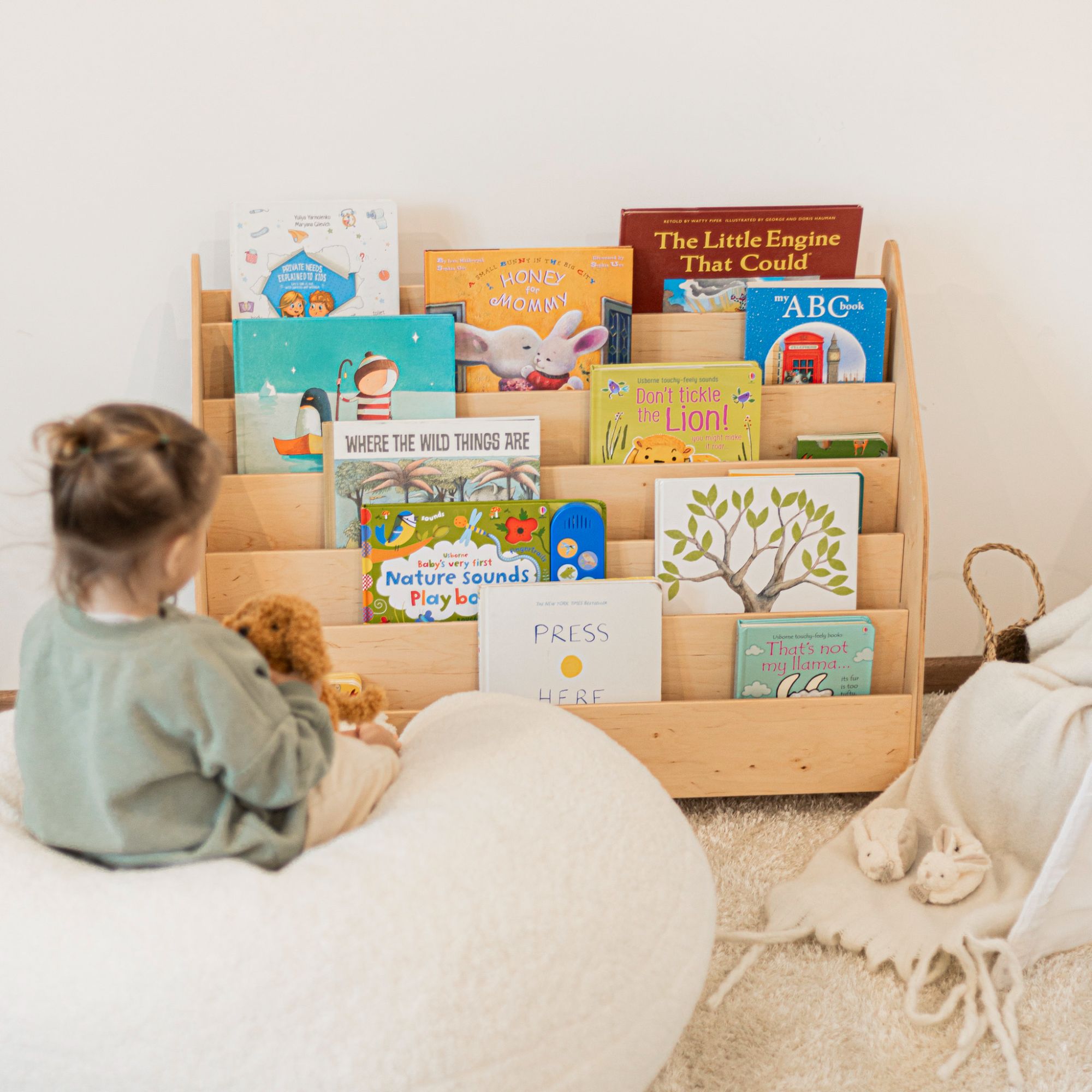 Front-Facing Wooden Bookshelf for Kids – Montessori Style