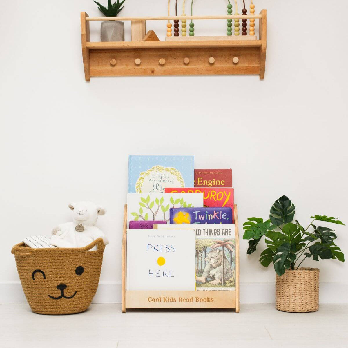 Minimalist Montessori Bookshelf for Toddlers in Natural Wood & Green