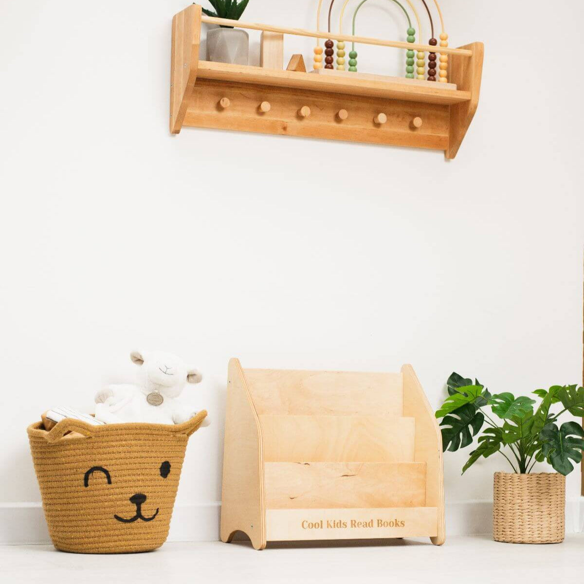 Minimalist Montessori Bookshelf for Toddlers in Natural Wood & Green