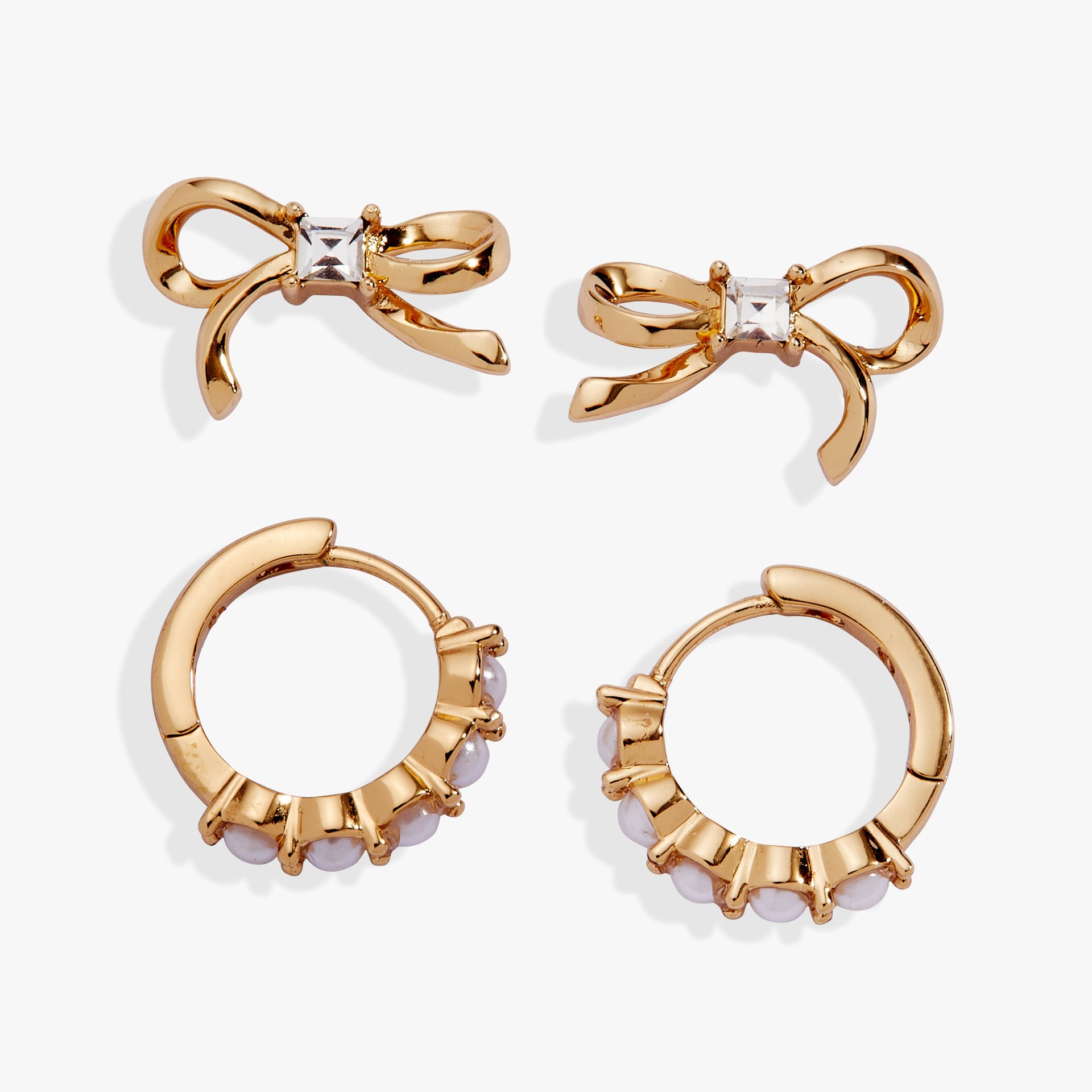 Bow Studs and Pearl Hoop Coquette Earring Set, Gold-Plated Jewelry