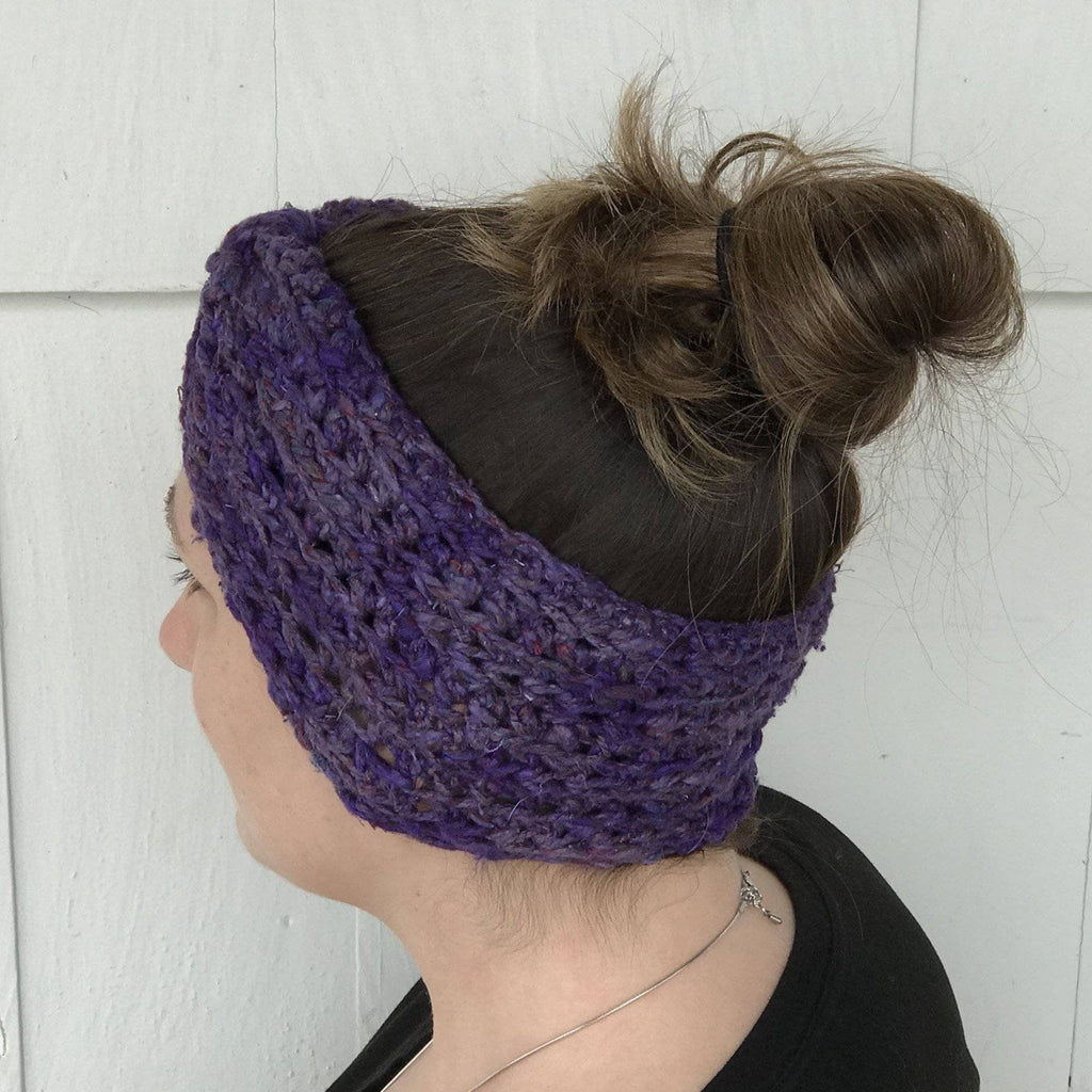 Beginner Bow Ear Warmer Crochet Pattern in Purple Multi-Tonal