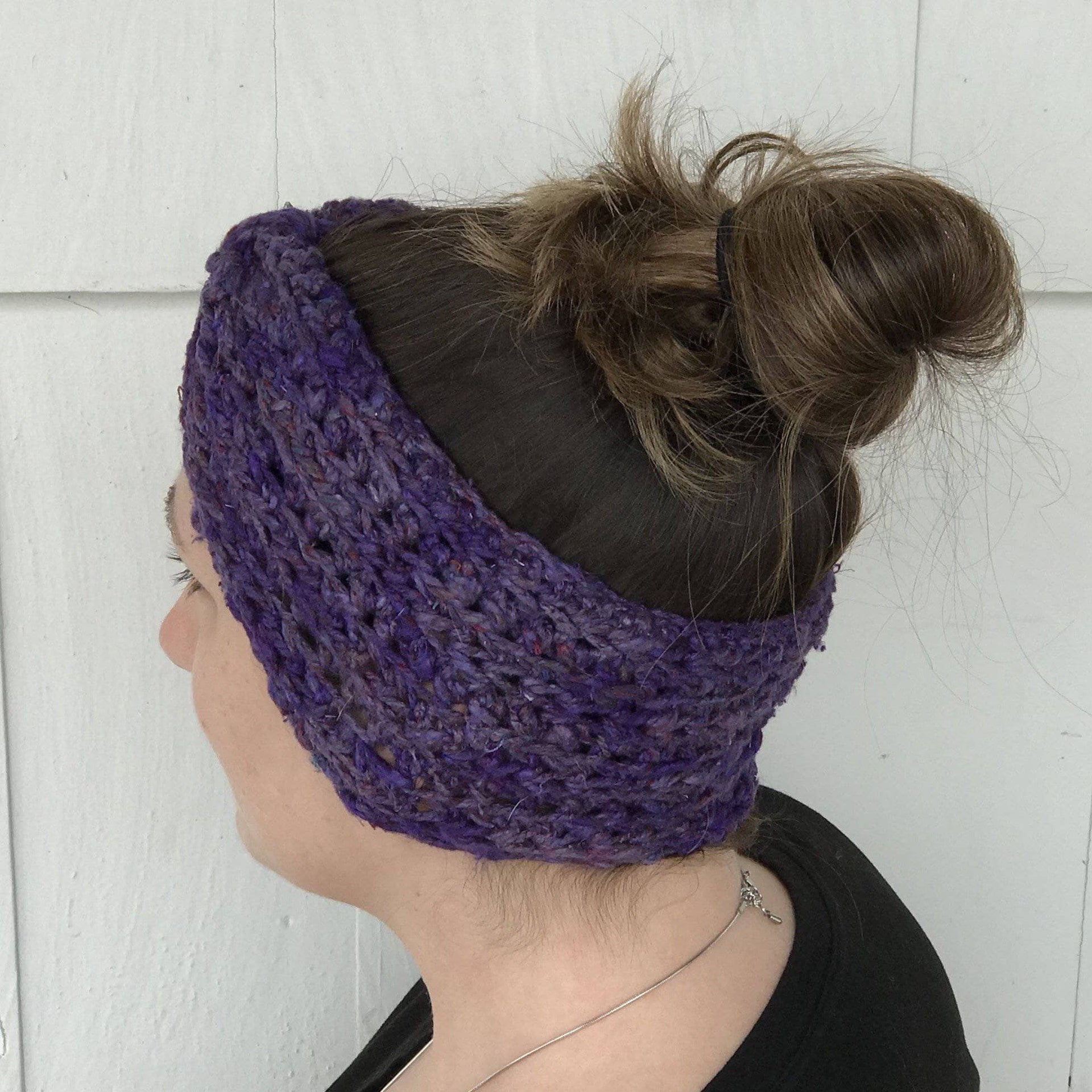 Beginner Bow Ear Warmer Crochet Pattern in Purple Multi-Tonal