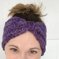 Multi-tonal purple crochet bow ear warmer in a handmade bohemian style