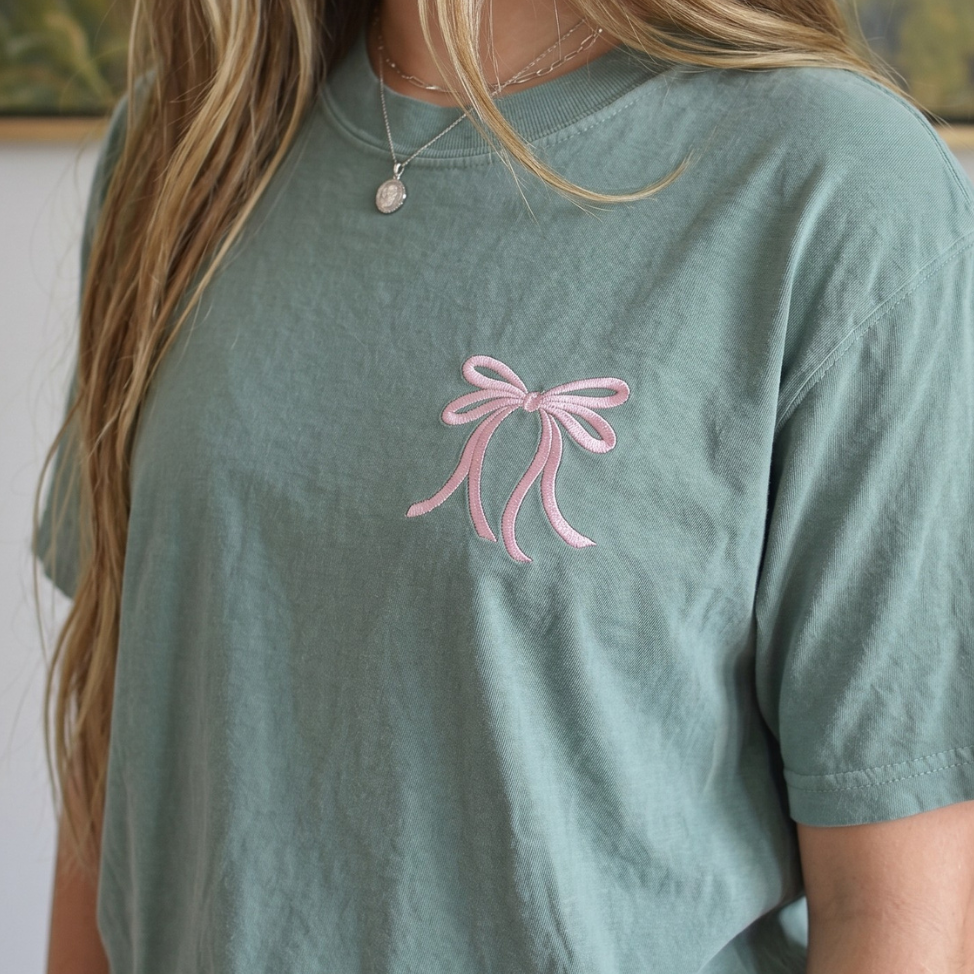 Embroidered Ribbon Bow Coquette Comfort Colors Tee
