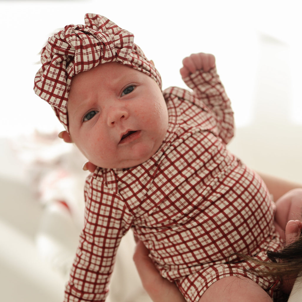 Red Window Pane Bamboo Baby Head Wrap with Knot Detail - Image 2
