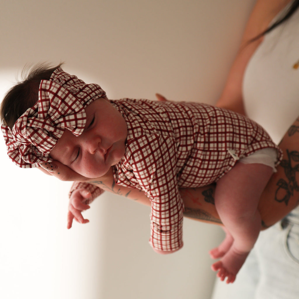 Long Sleeve Baby Bamboo Snapsuit in Red Window Pane Pattern - Image 5
