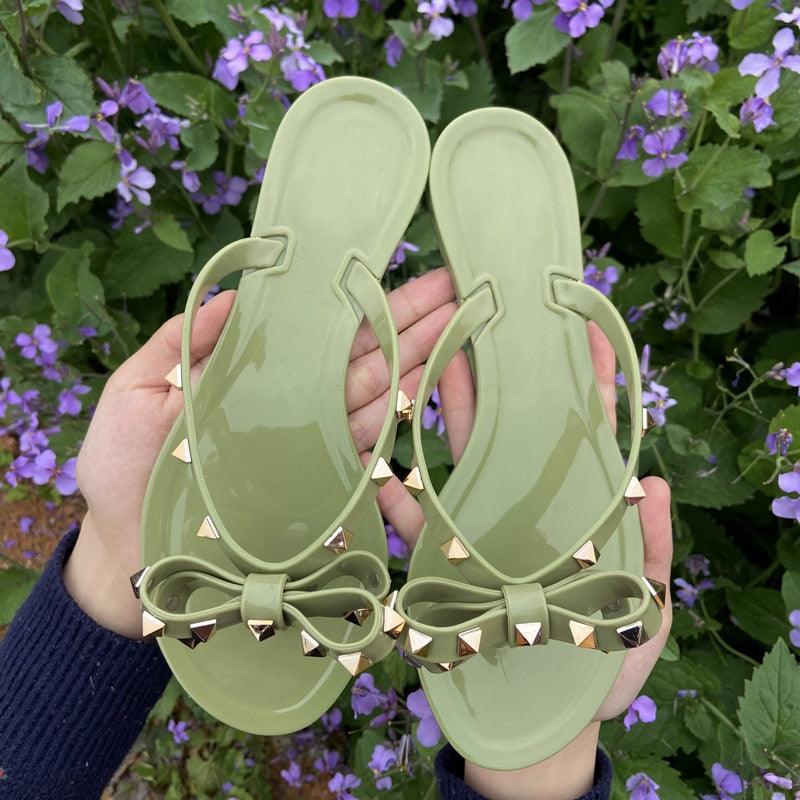 Women's summer flat slides with bowknot detail in bright colors