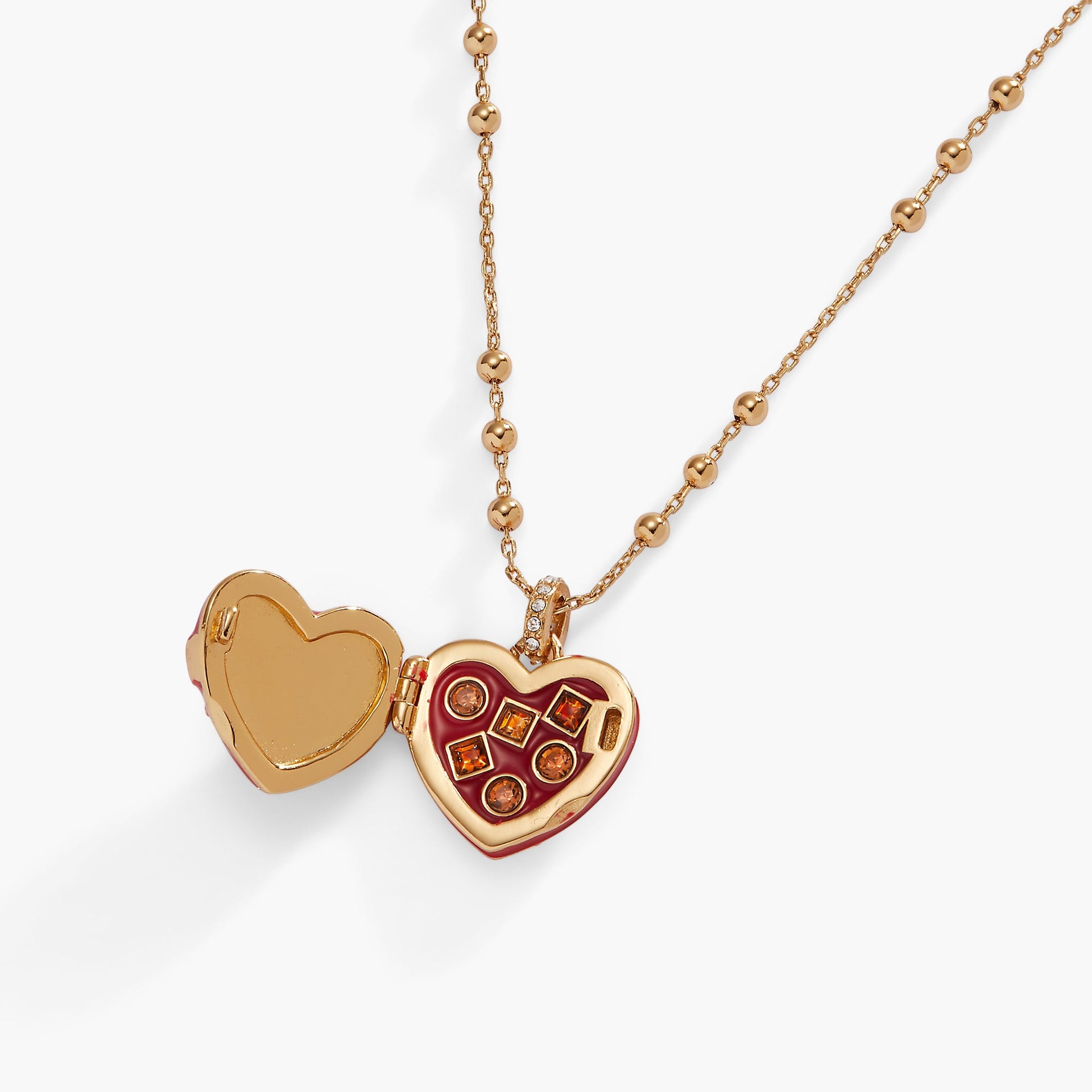 Heart Locket Necklace with Crystal Bow and Chocolate Motif