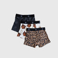 Three pack of kids bamboo boxers featuring leopard, tiger, and smiley prints with logo waistbands.