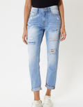 Close up of 100% cotton distressed boyfriend jeans