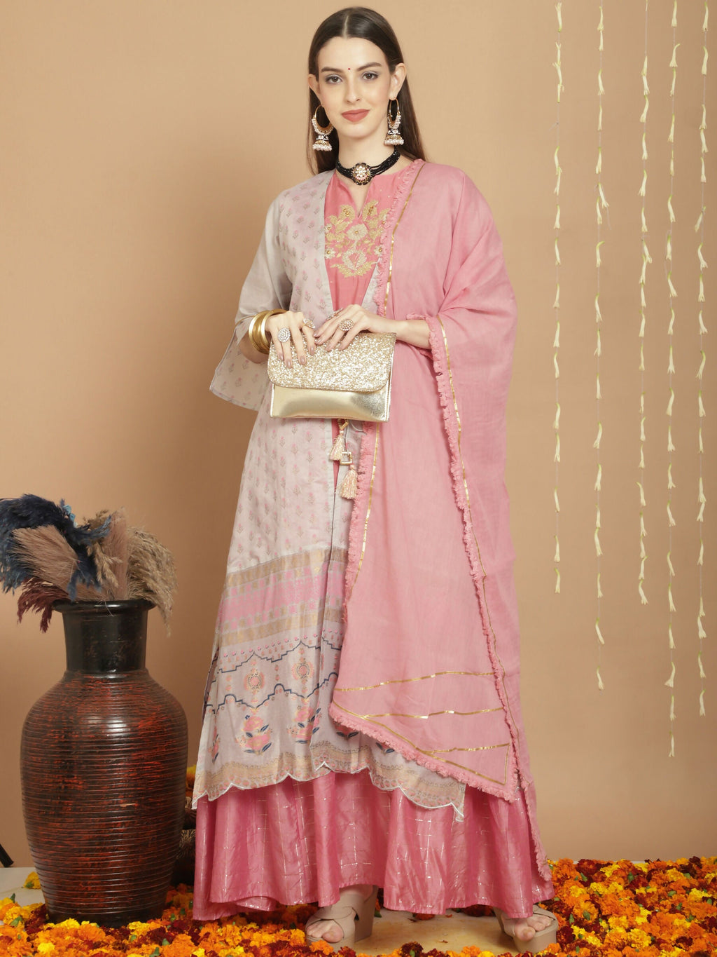 Women's Grey Chanderi Silk A-Line Kurta Set with Jardoshi Work