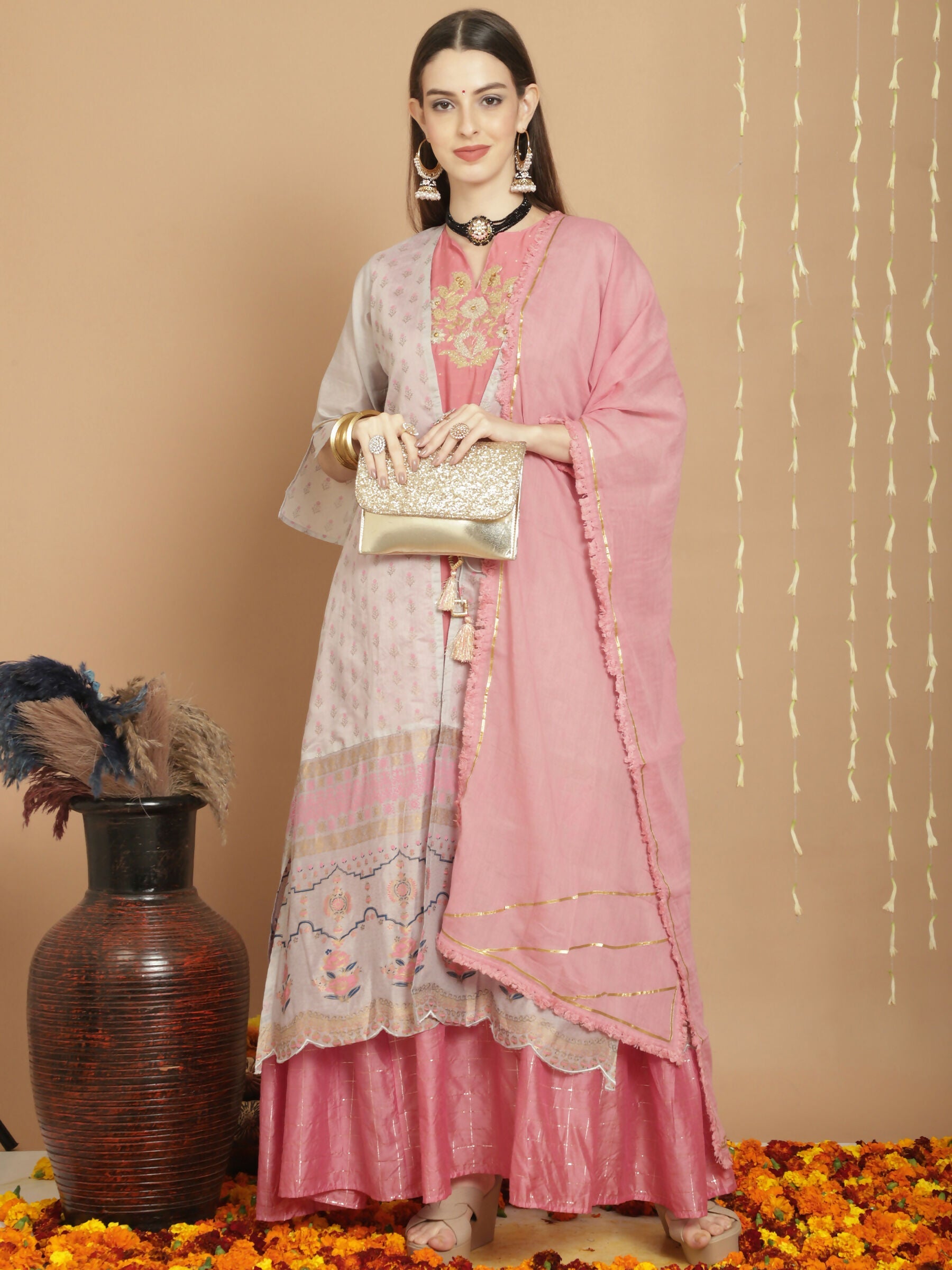 Women's Grey Chanderi Silk A-Line Kurta Set with Jardoshi Work