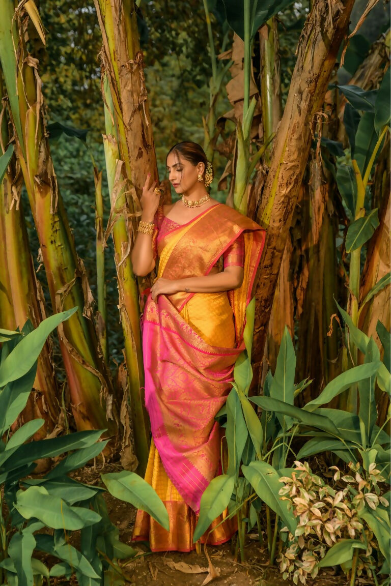 Women's Yellow Kanjivaram Silk Zari Woven Saree with Pink Blouse