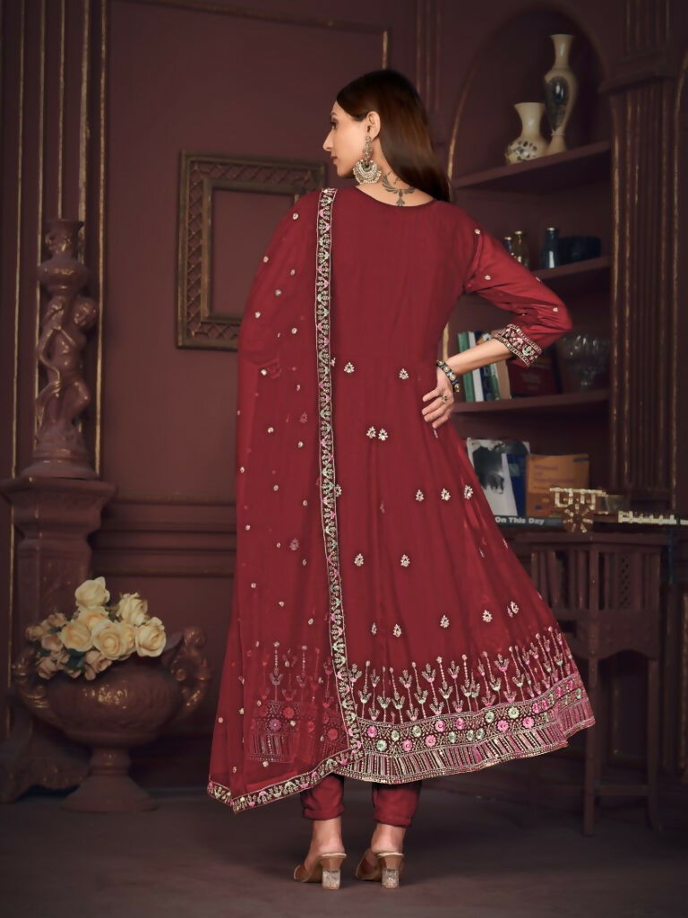 Maroon Georgette Embroidered Anarkali Kurta Pant Set with Dupatta
