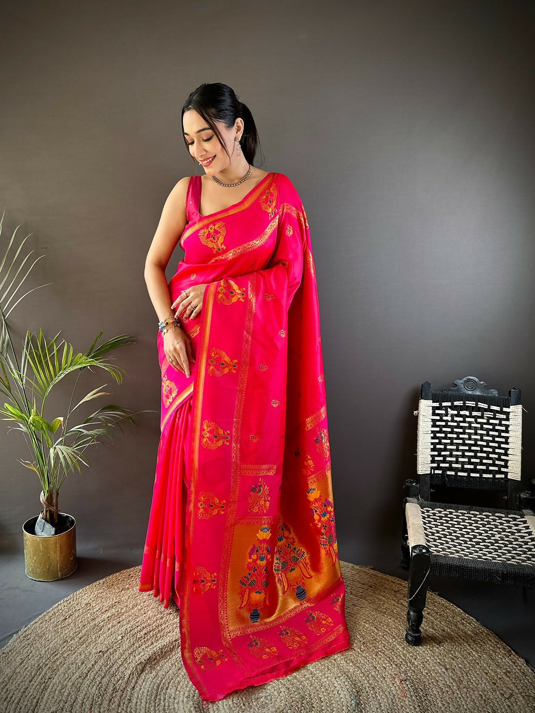 Rani Pink Meenakari Weaving Paithani Saree in soft silk with matching unstitched blouse piece