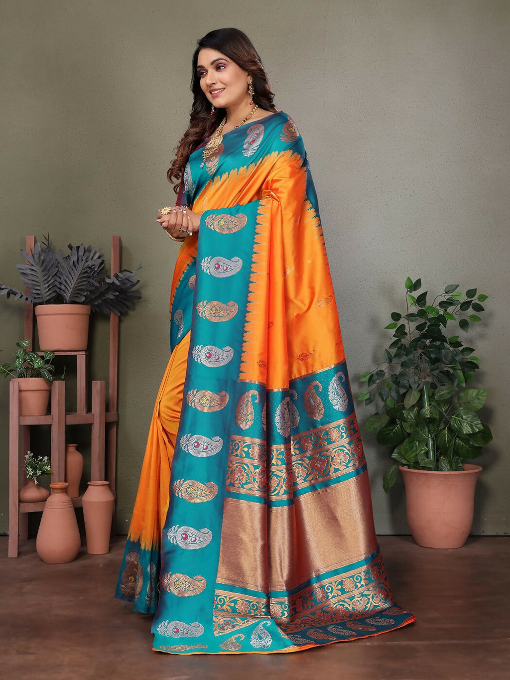 Orange Banarasi Soft Silk Saree with Delicate Butti Work